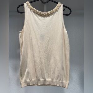 Ann Taylor Cream Pearl-Embellished Sleeveless Knit Tank